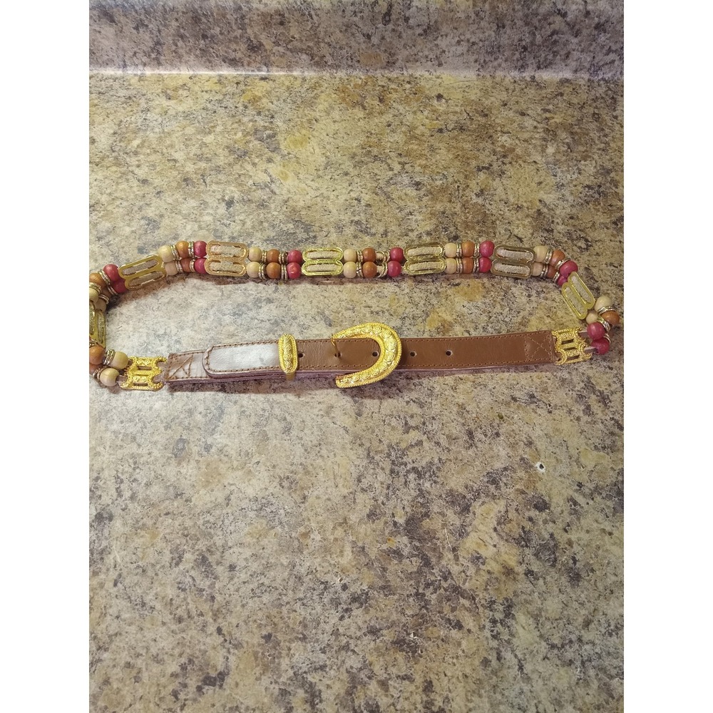 Vintage Express Brown Leather Wood Bead Belt Gold Filigree Buckle Medium 90s